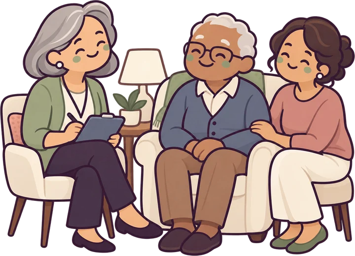A care manager visiting an older man and his daughter at home