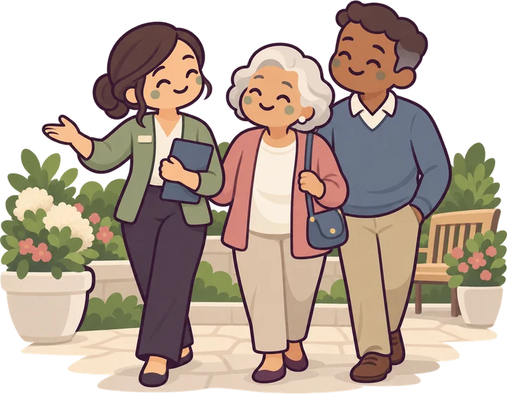 A staff member showing a mother and her son around a senior living courtyard